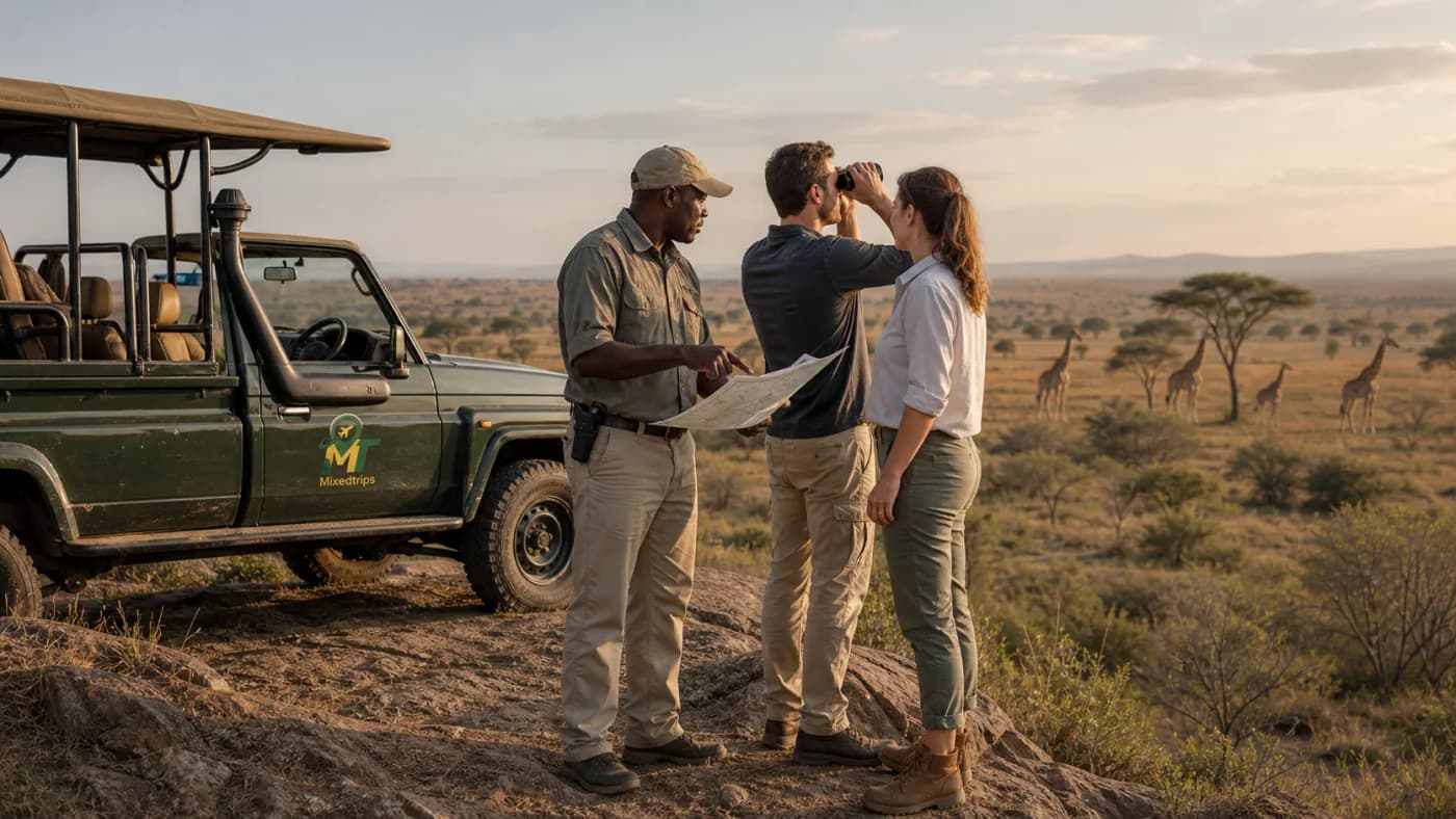 A MixedTrips guide planning a route with travellers beside a safari vehicle
